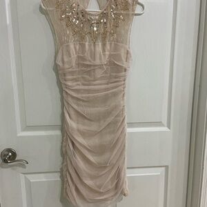 bebe Cream Embellished Mini Dress